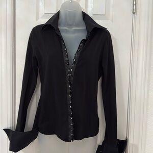 Black with Rhinestone snap closure blouse french cuffs